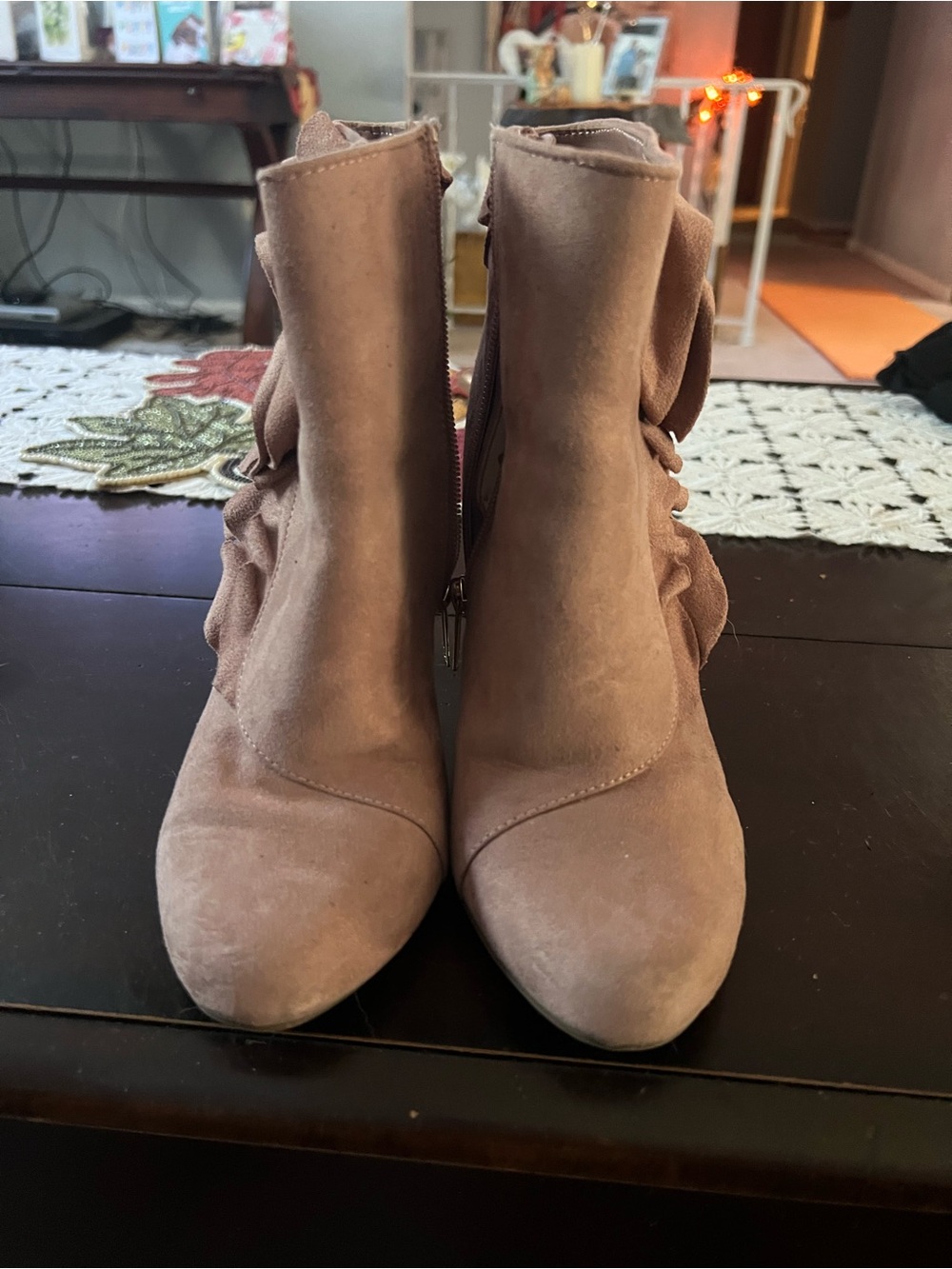 Ruffle Detail Suede Ankle Boots — Dusty Rose
